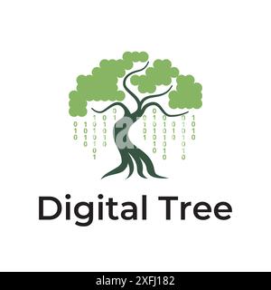 Digital Binary Code Banyan Oak Tree Nature Logo Template Stock Vector