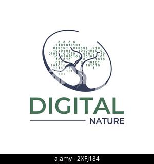 Digital Binary Code Branched Dry Tree Nature Circle Logo Template Stock Vector