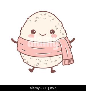 Cute Onigiri Rice Japanese Food Cartoon Character Wearing Pink Shawl with Smile Expression Stock Vector