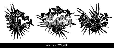 Jasmine flower and palm leaves silhouette composition for design of card,stickers, scrapbook. Delicate tropical flower, vector background. Stock Vector