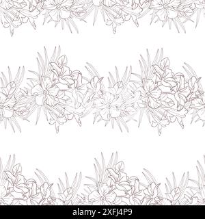 Jasmine flower and palm leaves line art seamless pattern for textile, scrapbook or wallpaper. Delicate tropical flower striped, vector background. Stock Vector