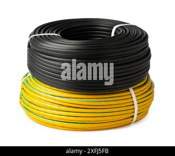 Yellow And Black Electrical Wire Spools Isolated On White Background Stock Photo