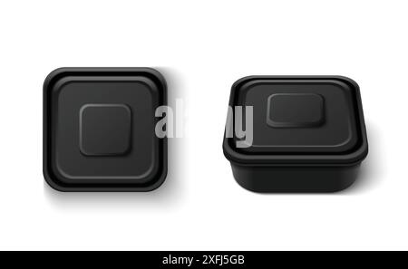 Black square plastic container with cap for food storage. Realistic 3d vector illustration set of top and side view box mockup for product keeping and take away concept. Package for lunch meal. Stock Vector