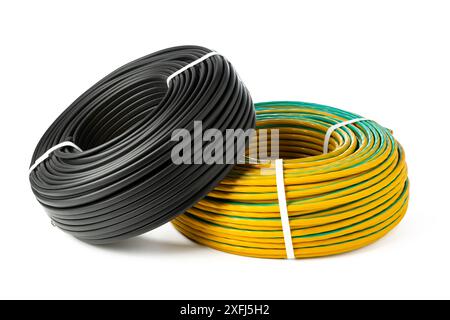 Yellow And Black Electrical Wire Spools Isolated On White Background Stock Photo