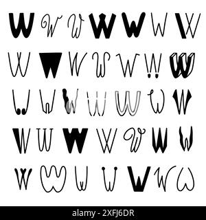 Set of letters W in different styles. Hand drawn lettering. Stock Vector