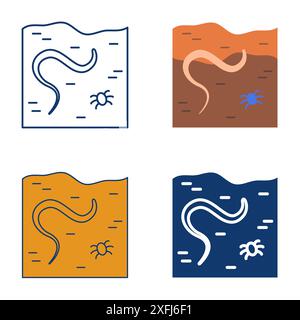Soil with earthworm icon set in flat and line style. Farm worm symbol, invertebrate. Vector illustration. Stock Vector
