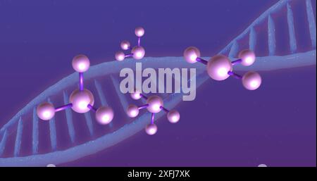 Image of floating molecules over dna chains on purple background Stock Photo