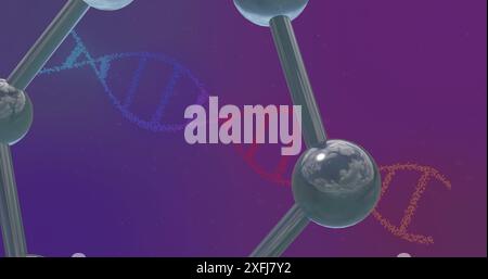 Image of floating molecules over dna chains on purple background Stock Photo
