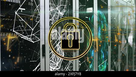Image of security padlock icon and globe of plexus networks against computer server room Stock Photo