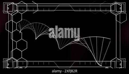 Digital image of hexagonal shapes forming against dna structure spinning on purple background Stock Photo