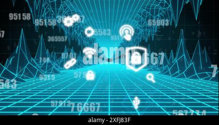 Image of digital icons floating over glowing image game grid in background Stock Photo