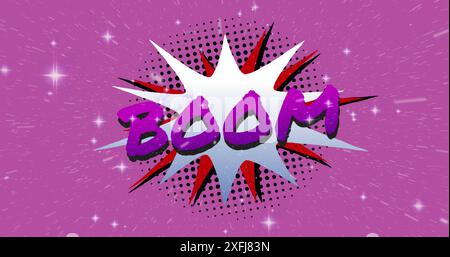 Image of Boom text over comic retro speech bubble with glowing stars on purple background Stock Photo