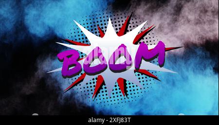 Image of Boom text over comic retro speech bubble with blue and grey cloud of smoke and powder on bl Stock Photo