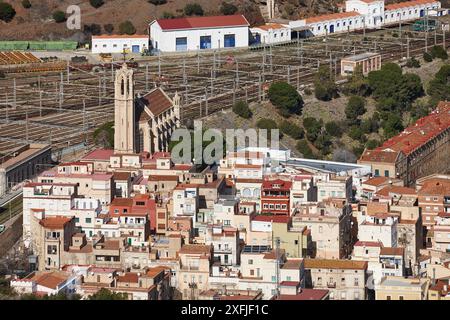 Railway and church in Portbou. Costa Brava. Girona, Catalonia. Spain Stock Photo