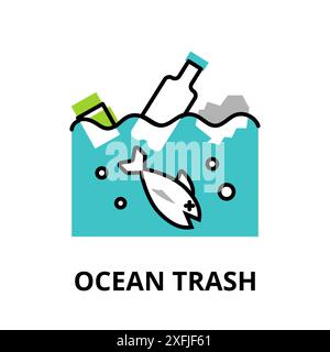 Modern flat thin line design icon, vector illustration, infographic concept of Ocean trash, for graphic and web design Stock Vector