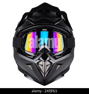 black modern motocross or enduro downhill crash full face helmet with saftey goggles isolated on white background background. Stock Photo