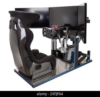 modern high tech sim racing simulator rig with lot of carbon fiber and professional modern gear isolated on white background. esports simracing simula Stock Photo