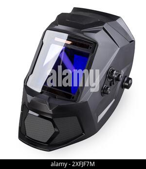 Black modern,  full automatic welding helmet isolated on white background. welder metal industry and construction saftey equipment gear. Stock Photo