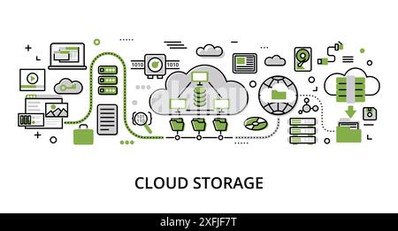 Infographic greenery Cloud Storage concept, modern flat thin line vector illustration, for graphic and web design Stock Vector