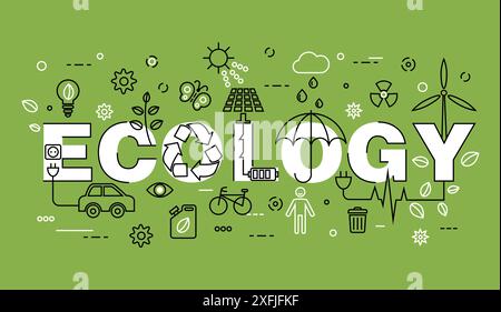 Concept of Ecology with word on green background for graphic and web design, flat line vector illustration Stock Vector