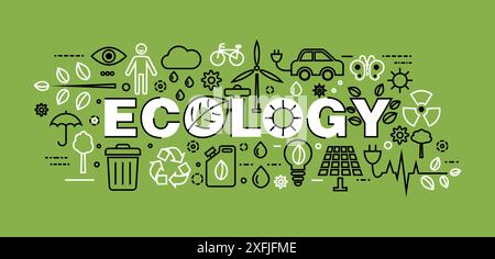 Concept of Ecology with word on green background for graphic and web design, flat line vector illustration Stock Vector