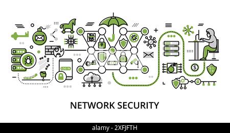 Infographic greenery Network Security concept, modern flat thin line vector illustration, for graphic and web design Stock Vector