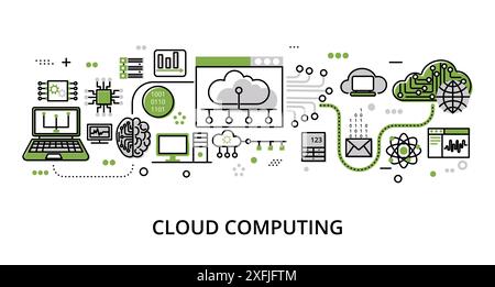 Infographic greenery Cloud Computing concept, modern flat thin line vector illustration, for graphic and web design Stock Vector