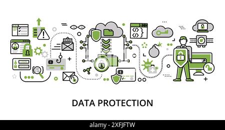 Infographic greenery Data Protection concept, modern flat thin line vector illustration, for graphic and web design Stock Vector