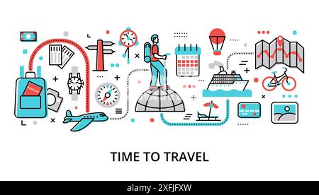 Infographic Time to Travel concept, modern flat thin line vector illustration, for graphic and web design Stock Vector