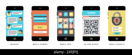 Set of Mobile Apps concepts on black smartphone with different user interface elements, flat vector illustration Stock Vector