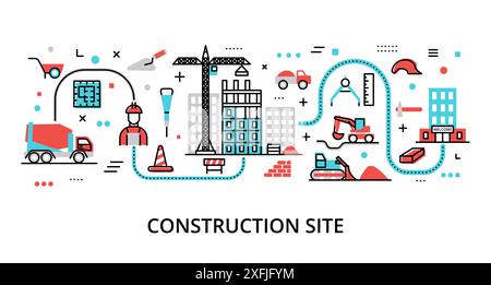 Concept of Construction Site, modern flat editable line design vector illustration, for graphic and web design Stock Vector