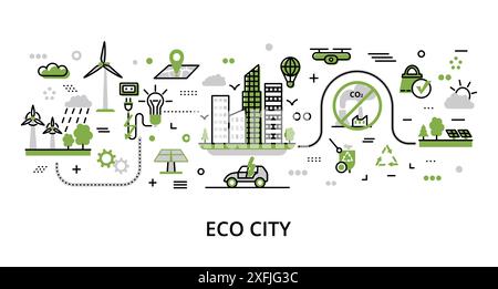 Infographic greenery Eco City concept, modern flat thin line vector illustration, for graphic and web design Stock Vector