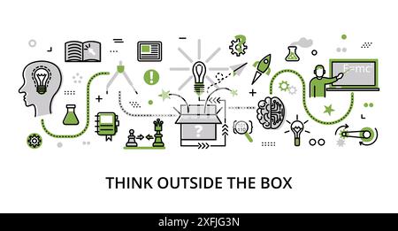 Infographic greenery Think Outside the Box concept, modern flat thin line design vector illustration, for graphic and web design Stock Vector