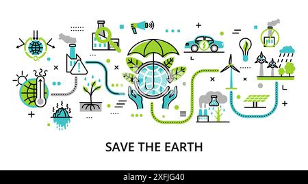 Concept of Save the Earth, for graphic and web design, flat line vector illustration Stock Vector