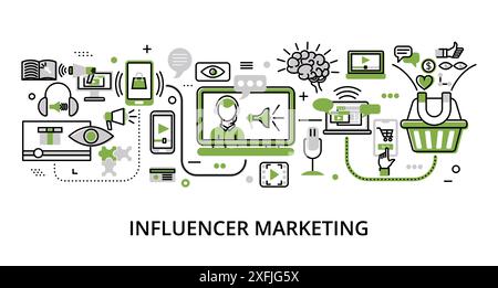 Infographic greenery Influencer Marketing concept, modern flat thin line vector illustration, for graphic and web design Stock Vector