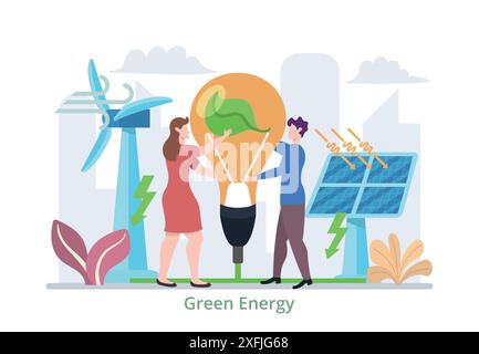 Concept of Green Energy, generation and saving green energy, flat design vector illustration Stock Vector