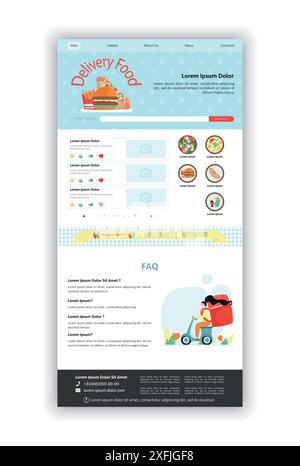 Food delivery web page design template, online food odering concept. Flat design vector illustration for website development. Stock Vector