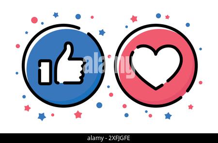 Thumb up and heart icons, flat line vector illustration close-up Stock Vector