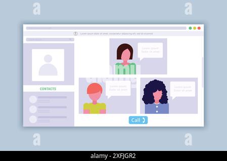 Chat Application web page design template, modern user interface and content mockup for website, social media concept, flat design vector illustration Stock Vector