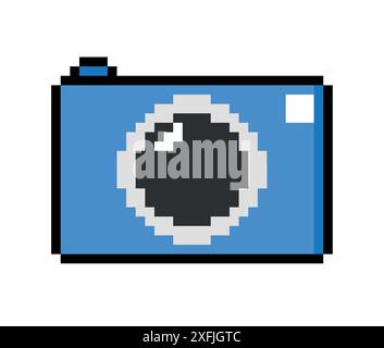 Blue Photo Camera emoticon symbol, pixel art design vector illustration Stock Vector