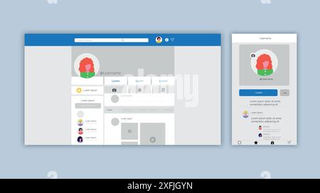 Set of Social Media Applications web page design templates, modern user interface and content mockup for website, social media concept, flat design ve Stock Vector