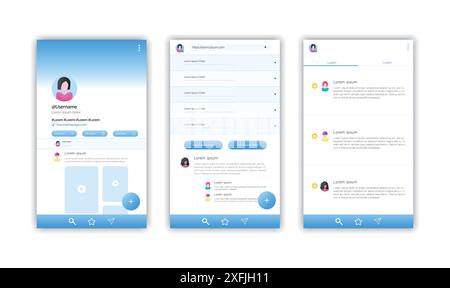 Set of News Applications web page design templates, modern user interface and content mockup for website, social media concept, flat design vector ill Stock Vector