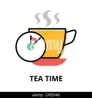 Concept of Tea Time icon, flat line design vector illustration, for graphic and web design Stock Vector
