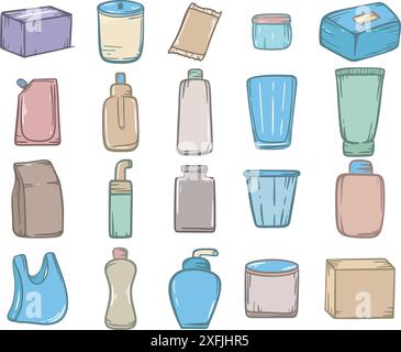 Set of various packaging - bottle, box, jar, bag and others. Hand drawn packaging material for various products, vector graphics. Glass, cardboard, Stock Vector