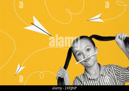 Composite photo collage of happy schoolgirl play pencil pouted lips mustache paper plane flight education isolated on painted background Stock Photo