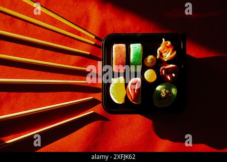 Jelly candies Sushi set in a black box on red background Contrast dark shadows. Wooden sushi sticks chopsticks. Asian Japanese. Chinese sweet food. Stock Photo