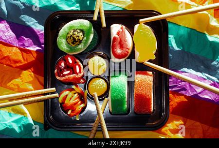 Jelly candies Sushi set in a black box on colorful rainbow background. Wooden sushi sticks chopsticks. Chinese food. Sweet candies. Gay party food. Stock Photo