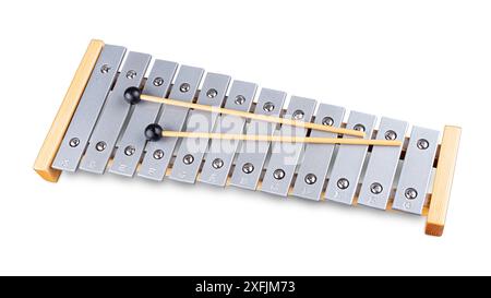 wooden metal plate xylophone educational musical instrument with sticks isolated on white background. music  school education concept Stock Photo