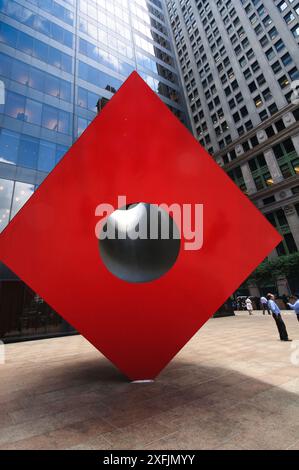 United States, New York City, Lower Manhattan, Financial District,  Red Cube, sculpture by Isama Noguchi in front of the Brown Brothers Harriman & Co Stock Photo