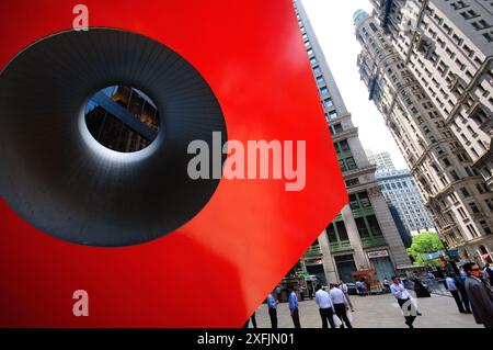 United States, New York City, Lower Manhattan, Financial District,  Red Cube, sculpture by Isama Noguchi in front of the Brown Brothers Harriman & Co Stock Photo